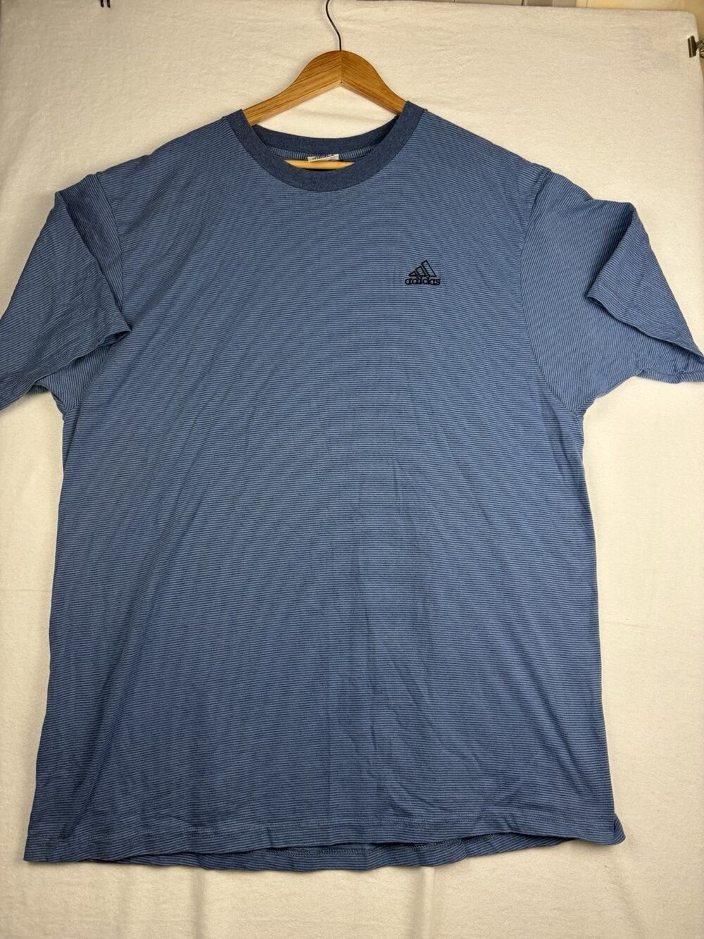 VTG Adidas Men’s XL Blue Micro Stripe T Shirt Embroidered Logo Cotton Blend